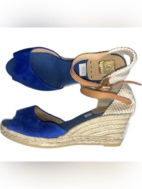 Kanna Sz 8.5 / 39 Women's Ankle Strap Wedge Espadrille Sandal Blue Suede Tan